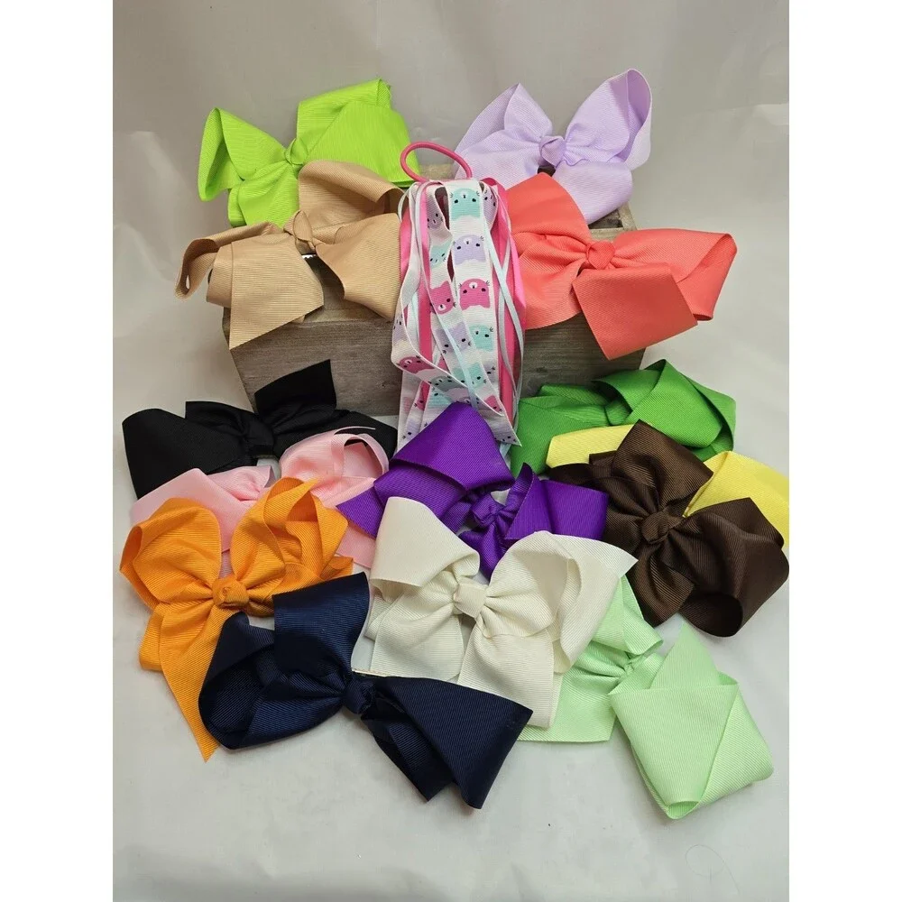 Lot of 16 Girl's Grosgrain Ribbon Large Hair Bows and Hairbands Various Colors
